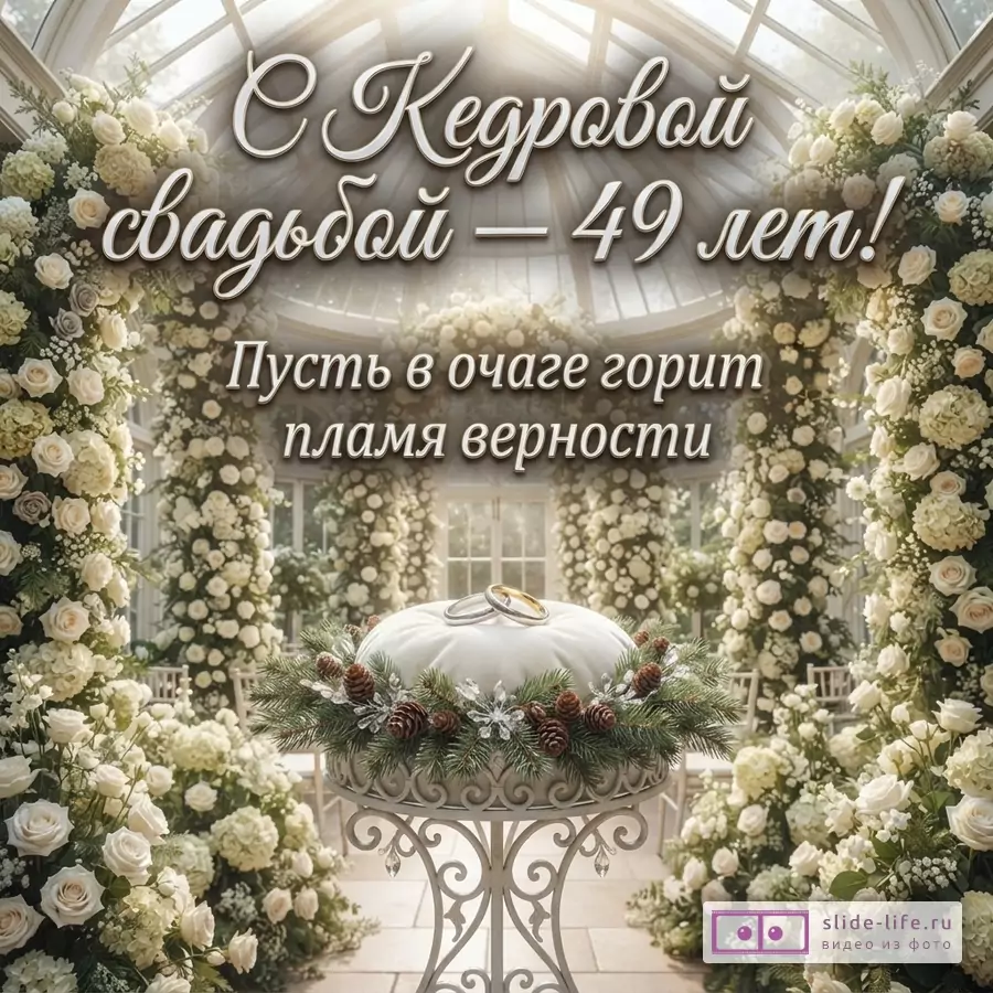 Светлый фон, арки из белых роз. В центре подушечка с обручальными кольцами. Надпись: «С Кедровой свадьбой — 49 лет! Пусть в очаге горит пламя верности»