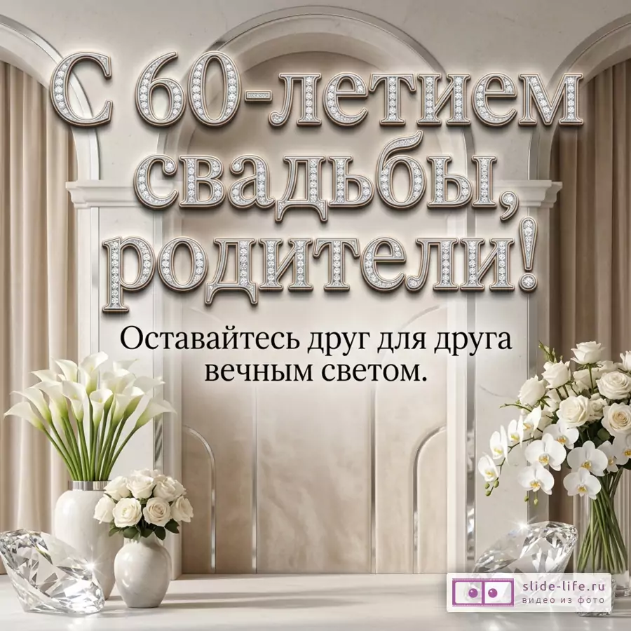 Светлый интерьер с арками, белыми цветами в вазах, орхидеями и крупными кристаллами, текст «С 60-летием свадьбы, родители! Оставайтесь друг для друга вечным светом.»
