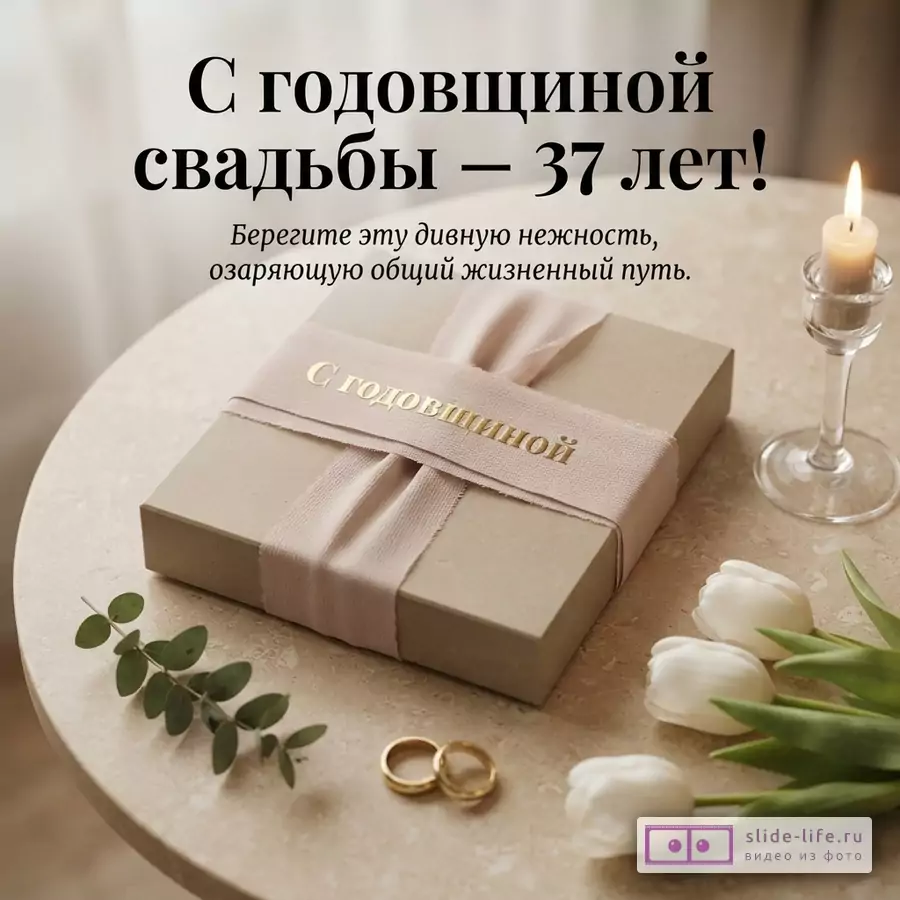 Бежевый фон, подарочная коробка с розовой лентой, свеча, два золотых кольца, белые тюльпаны. Надпись «С годовщиной свадьбы – 37 лет! Берегите эту дивную нежность, озаряющую общий жизненный путь.»