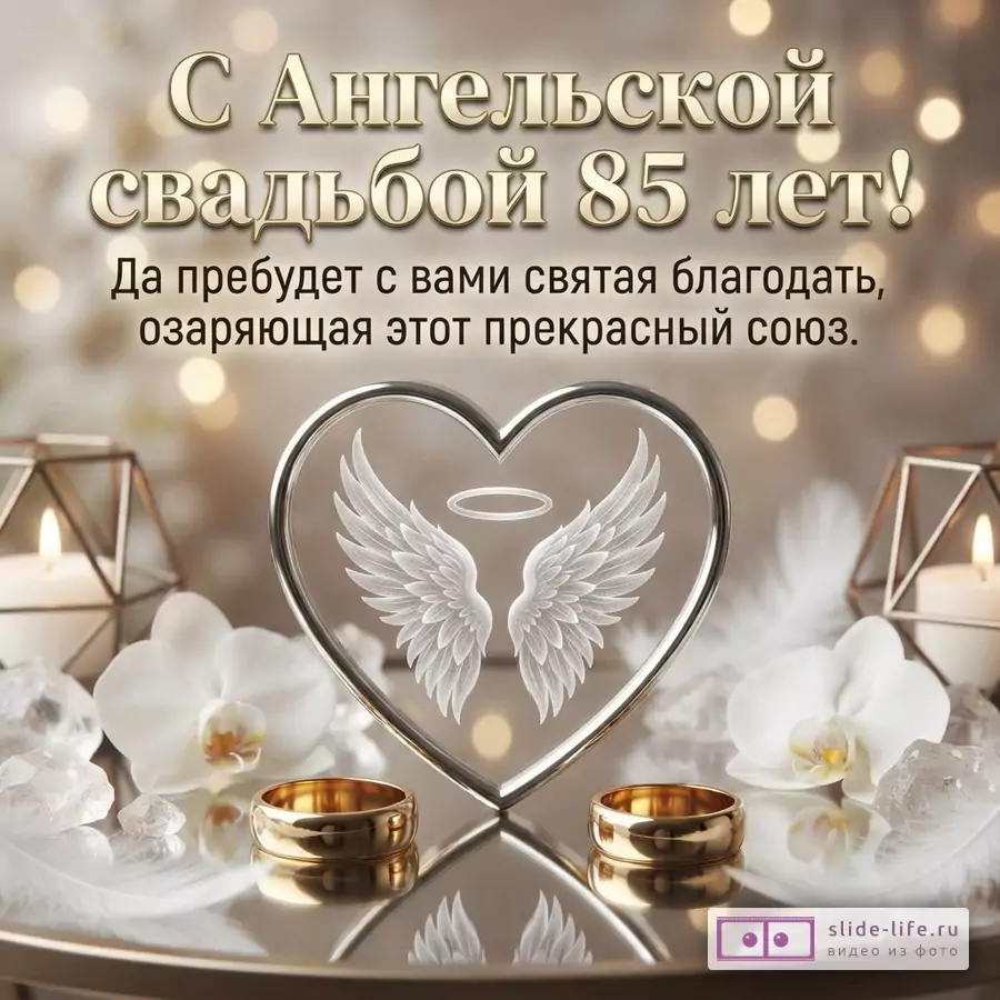 Хрустальное сердце с крыльями ангела, обручальные кольца, белые орхидеи и свечи с текстом «С Ангельской свадьбой 85 лет! Да пребудет с вами святая благодать, озаряющая этот прекрасный союз.»