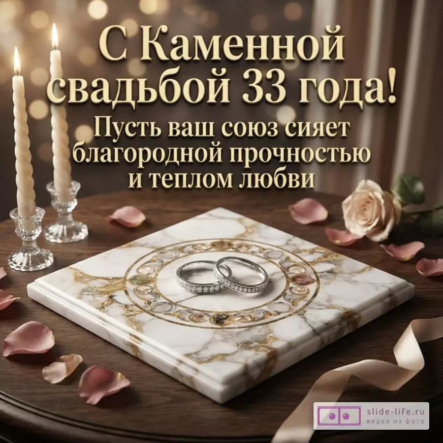 Фон размытый, боке, свечи. На переднем плане мраморная плитка с золотым узором, два обручальных кольца, лепестки роз, роза, лента. Текст: «С Каменной свадьбой 33 года! Пусть ваш союз сияет благородной прочностью и теплом любви»