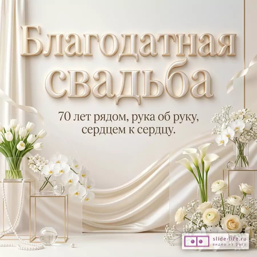 Белая открытка с золотистым объемным текстом «Благодатная свадьба 70 лет рядом, рука об руку, сердцем к сердцу.», белыми тюльпанами, каллами, орхидеями, розами, лентами и жемчугом