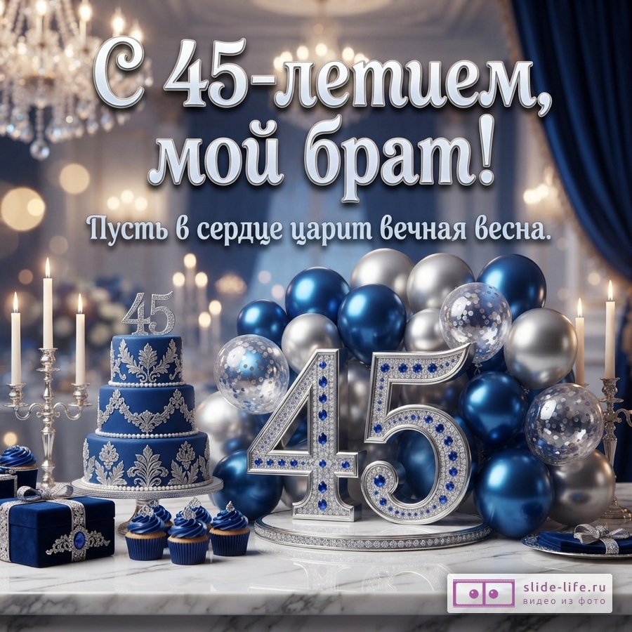 Открытка с юбилеем 45 лет. Фон синий, серый. Текст «С 45-летием, мой брат! Пусть в сердце царит вечная весна.».