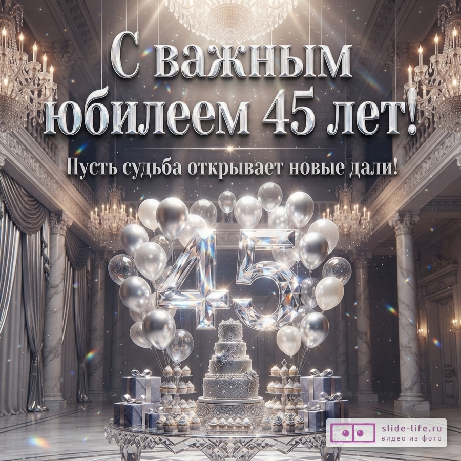 Открытка с юбилеем 45 лет на фоне роскошного зала с хрустальными люстрами. В центре композиции цифры «45» из прозрачного материала, окруженные серебристыми шарами, многоярусный торт, кексы и подарки. Текст: «С важным юбилеем 45 лет! Пусть судьба открывает новые дали!»