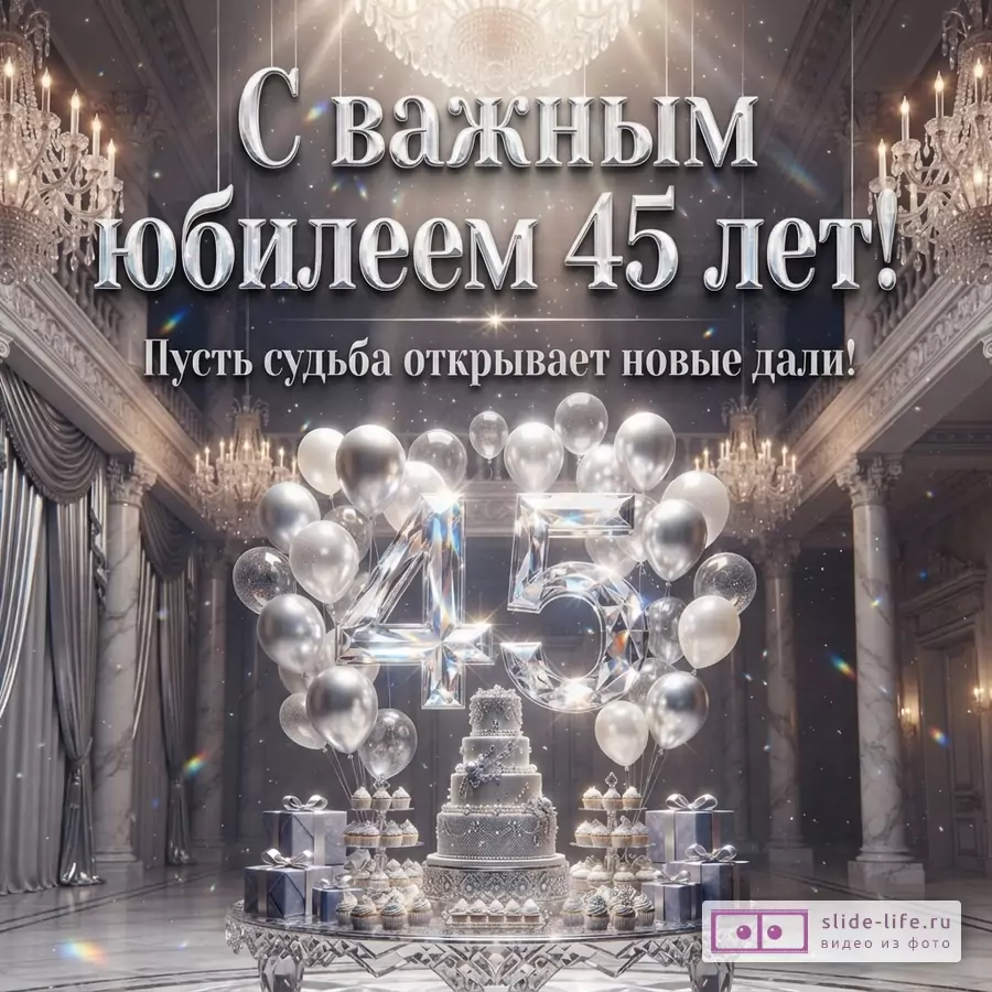 Открытка с юбилеем 45 лет на фоне роскошного зала с хрустальными люстрами. В центре композиции цифры «45» из прозрачного материала, окруженные серебристыми шарами, многоярусный торт, кексы и подарки. Текст: «С важным юбилеем 45 лет! Пусть судьба открывает новые дали!»