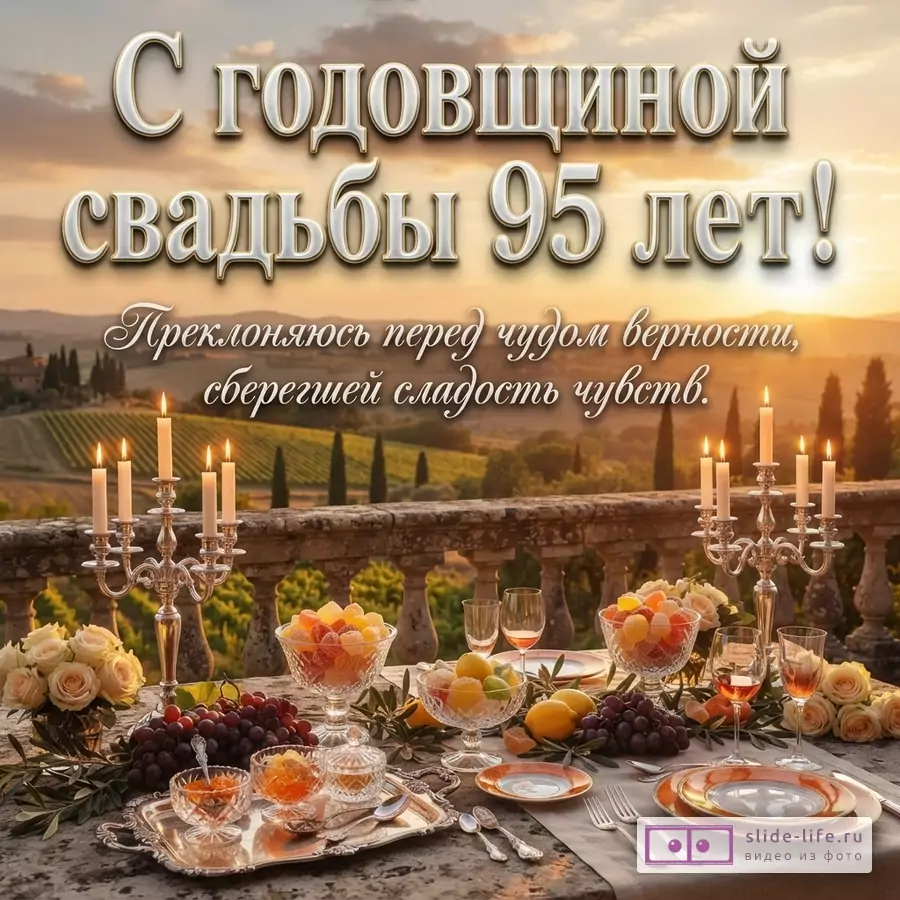 Сервированный стол с мармеладом, фруктами и свечами на террасе с видом на холмы и текст «С годовщиной свадьбы 95 лет! Преклоняюсь перед чудом верности, сберегшей сладость чувств.»